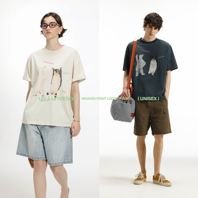 Unvesno(UN)熊与企鹅共舞插画印花洗褪宽松短袖T恤