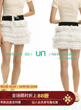 Unvesno(UN)蕾丝花边堆叠蛋糕裙双腰蝴蝶结绳百褶A字短裙防走光