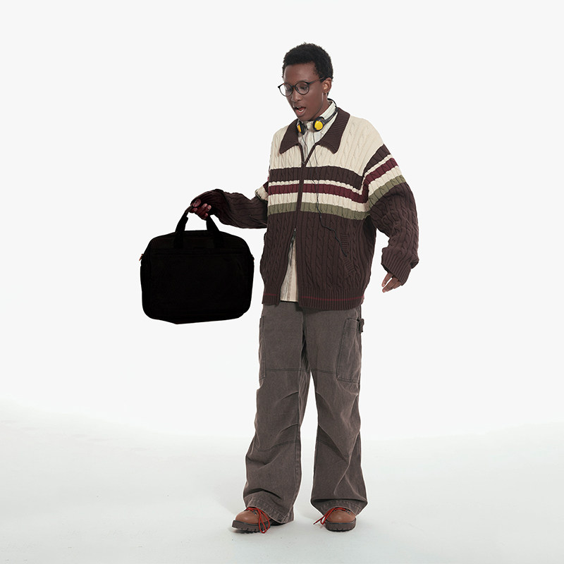 Unvesno (UN)麻花毛线条纹双头拉链开衫重磅保暖厚毛衣针织衫外套