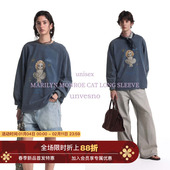 Unvesno T恤 印花复古洗褪磨破工艺长袖 喵丽莲梦露