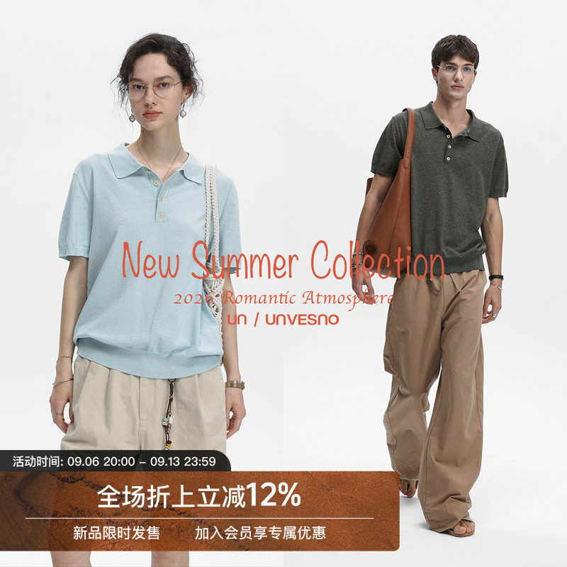Unvesno(UN)16进口细针都市度假风修身亚麻莱赛尔混纺POLO领短袖图片