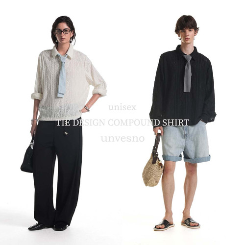 【可拆卸领带】Unvesno(UN)撞色条纹小镂空提花秋季长袖POLO衫