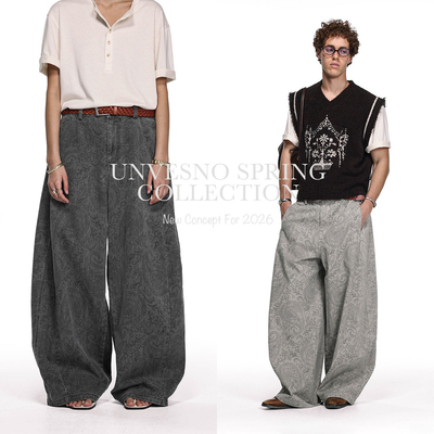 【水洗做旧】Unvesno(UN)定制复古腰果花牛仔灯笼弯刀长裤