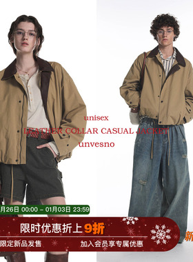 明星同款Unvesno(UN)Barn Fit拼皮老钱休闲保暖御寒秋季短廓夹克