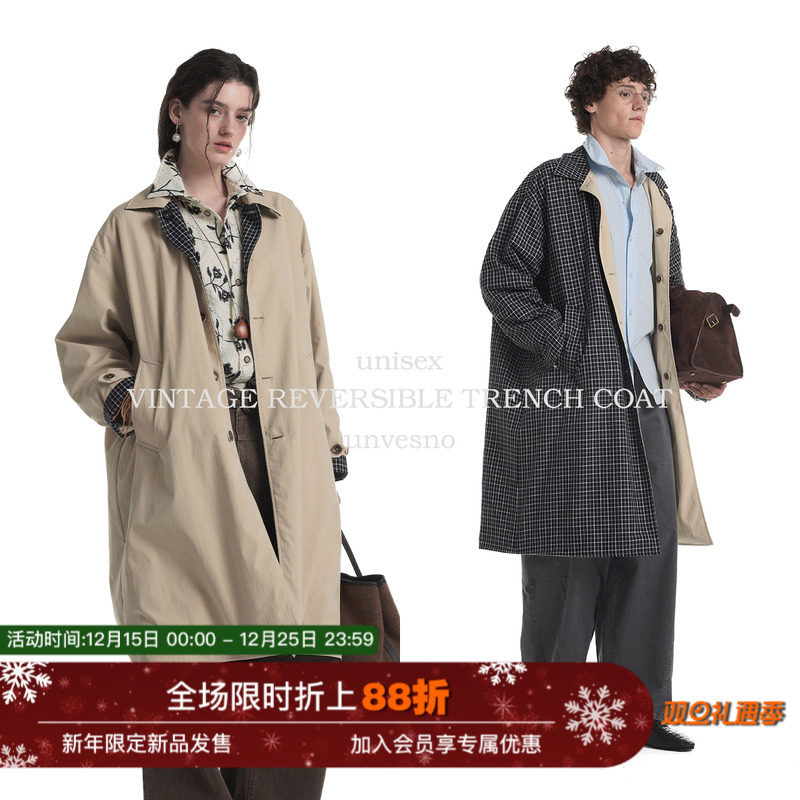 【双面穿】Unvesno(UN)Miu风复古格纹宽松廓形长款风衣外套秋季