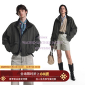 Unvesno 苍山绿中古皮领洗褪短廓型重磅保暖飞行棉服夹克外套