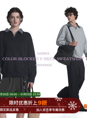 Unvesno(UN)轻休闲自发热条纹衬衫领假两件V领抓绒保暖卫衣