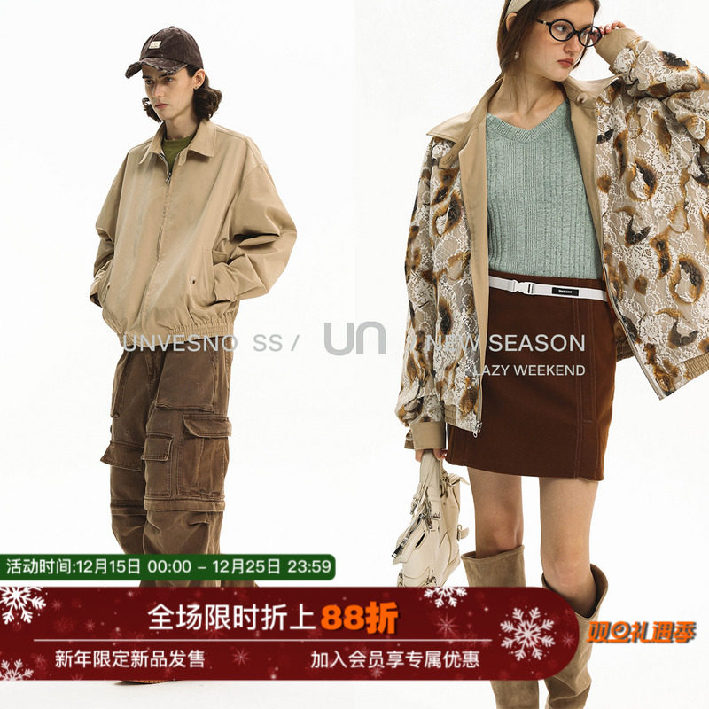 Unvesno(UN)【双面穿】斜纹+烧花蕾丝翻领防风哈灵顿夹克外套