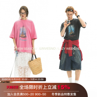 T恤 NewVintage巴黎铁塔水洗做旧圆领宽松男女短袖 Unvesno