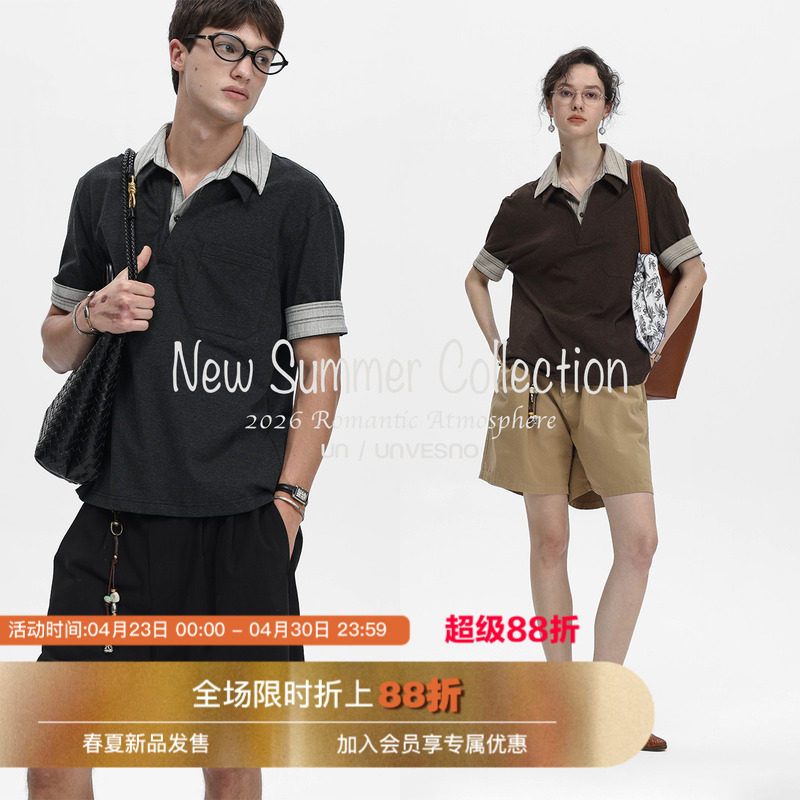 Unvesno(UN)Softfit老钱风翻领假两件拼接色织口袋条纹短袖polo衫