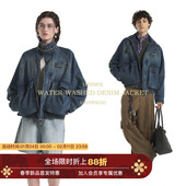 水洗立领脖带插肩廓形牛仔夹克短廓秋季 Unvesno 保暖外套