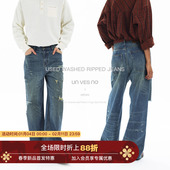 Unvesno Vintage水洗做旧多位磨烂破洞宽松休闲牛仔长裤 New