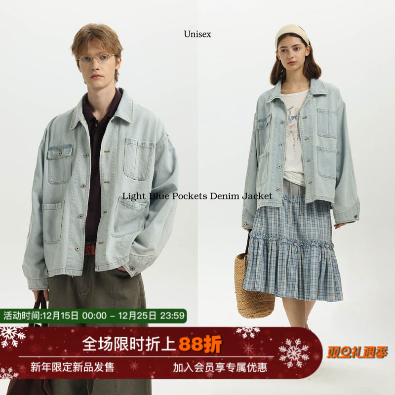 Unvesno(UN)老钱风水洗多口袋工装宽松翻领牛仔外套