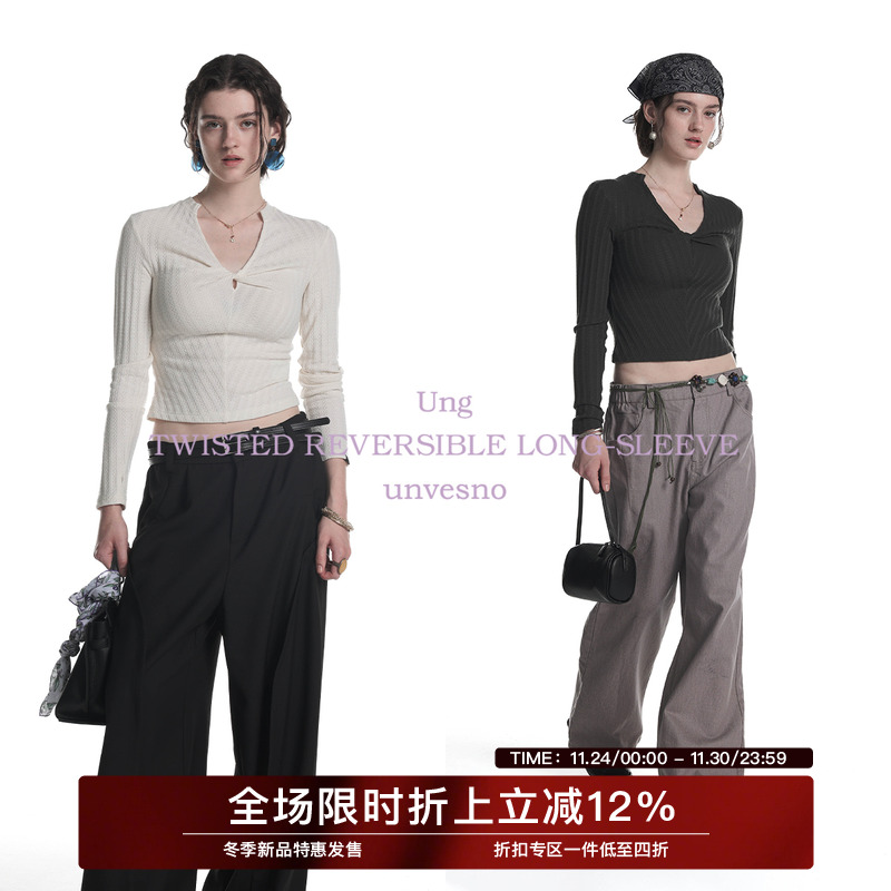 Unvesno(UN)老钱两穿扭结堆叠提花坑条正肩修女生身长袖上衣