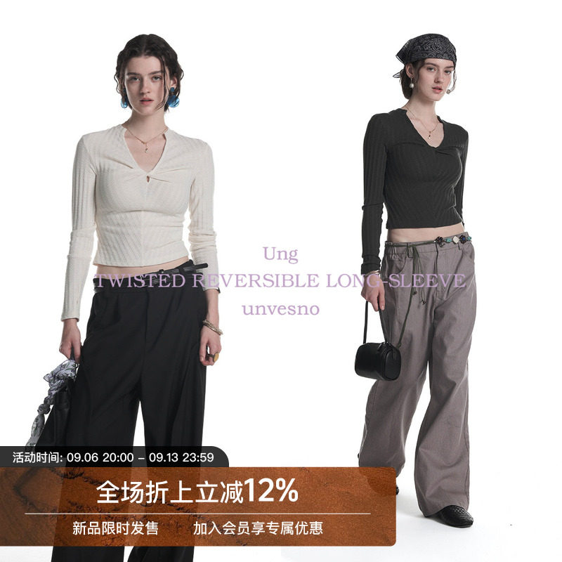 Unvesno(UN)老钱两穿扭结堆叠提花坑条正肩修女生身长袖上衣图片