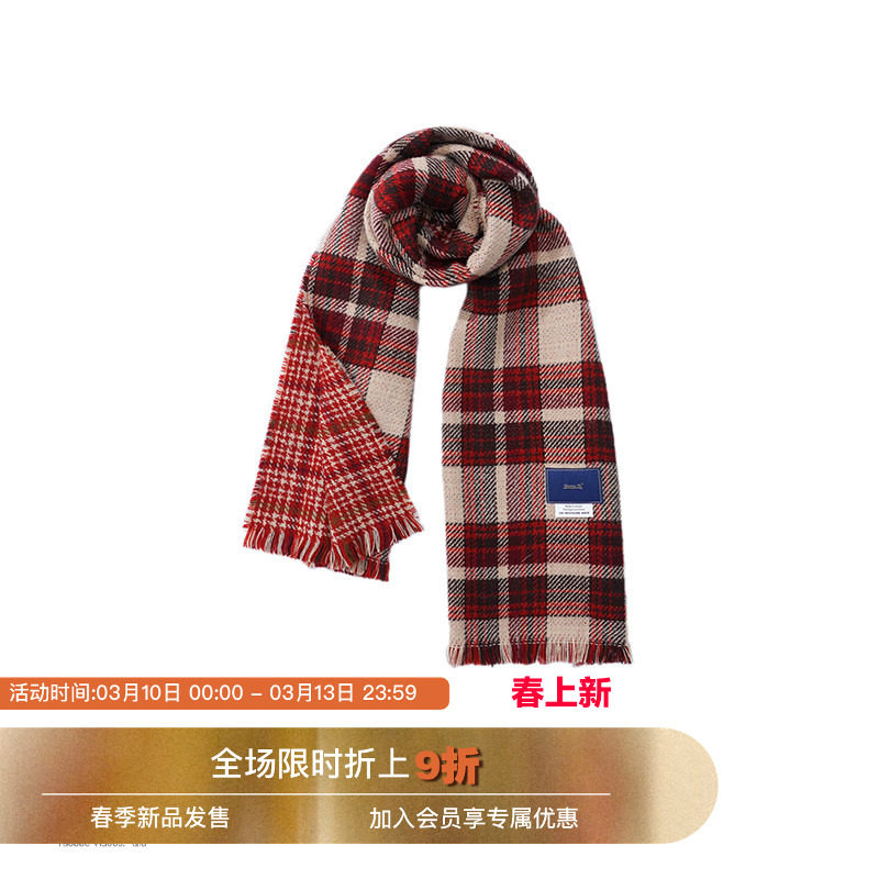 Unvesno (UN) 冬季红色格子英伦百搭流苏保暖围巾