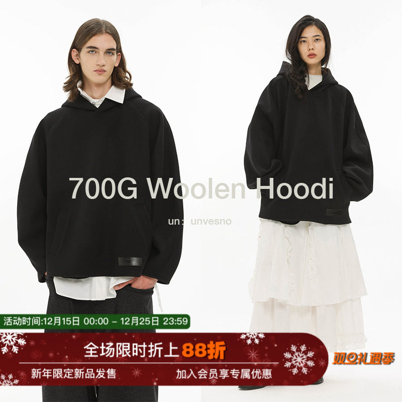 UNVESNO毛呢连帽黑色卫衣