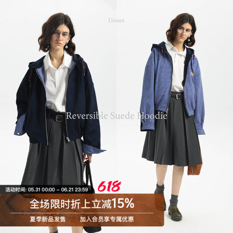 【双面穿】Unvesno(UN)秋季miu风复古智感麂皮绒格纹帽衫外套