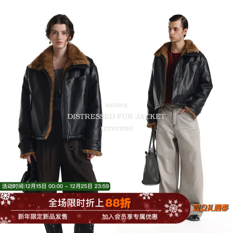 【皮毛一体】Unvesno(UN)斯拉夫皮草领座山雕重磅贵气短保暖夹克