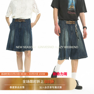 竹节纹皮带调节百褶水洗做旧牛仔中裤 Unvesno VINTAGE NEW