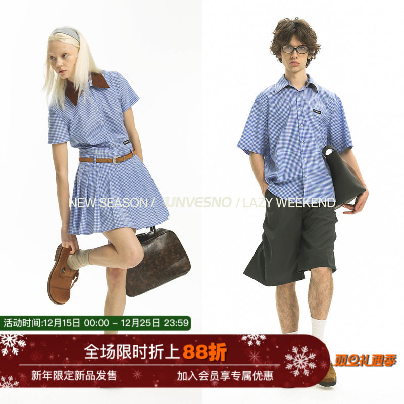 【可拆卸换领】Unvesno(UN) 学院感蓝色格子休闲衬衫及女款连衣裙