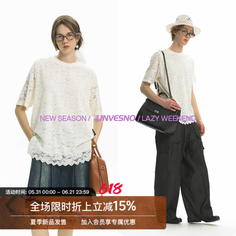 Unvesno(UN) 芭蕾风手工定制提花蕾丝肌理圆领镂空男女款短袖T恤