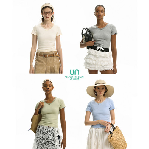Unvesno(UN)“Sport&Life 系列”蕾丝花边U 领显瘦打底 T 恤上衣
