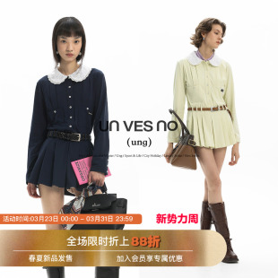 ung系列娃娃领蕾丝花边长袖 Unvesno 百褶polo连衣裙 两穿