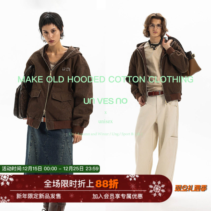 【洗褪工艺】Unvesno(UN)miu系巴恩风复古做旧刺绣连帽棉服夹克