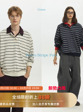 Unvesno(UN)MIU系复古学院慵懒条纹刺绣章百搭休闲POLO衫长袖秋季