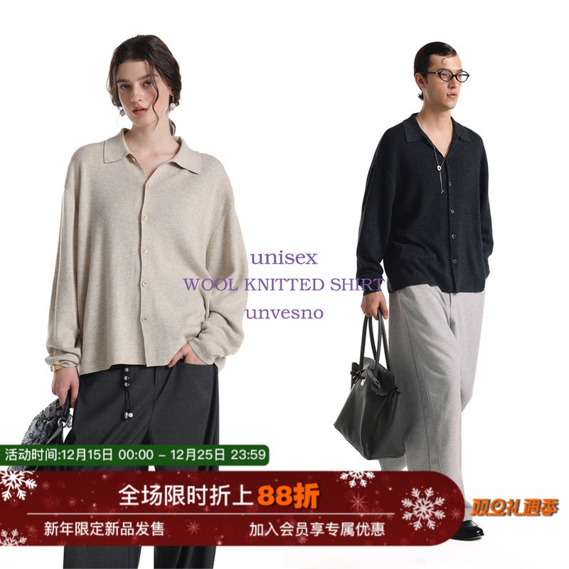 【羊绒混纺】Unvesno(UN)Row风老钱秋季羊绒基础翻领针织毛衣衬衫