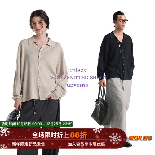 【羊绒混纺】Unvesno(UN)Row风老钱秋季羊绒基础翻领针织毛衣衬衫