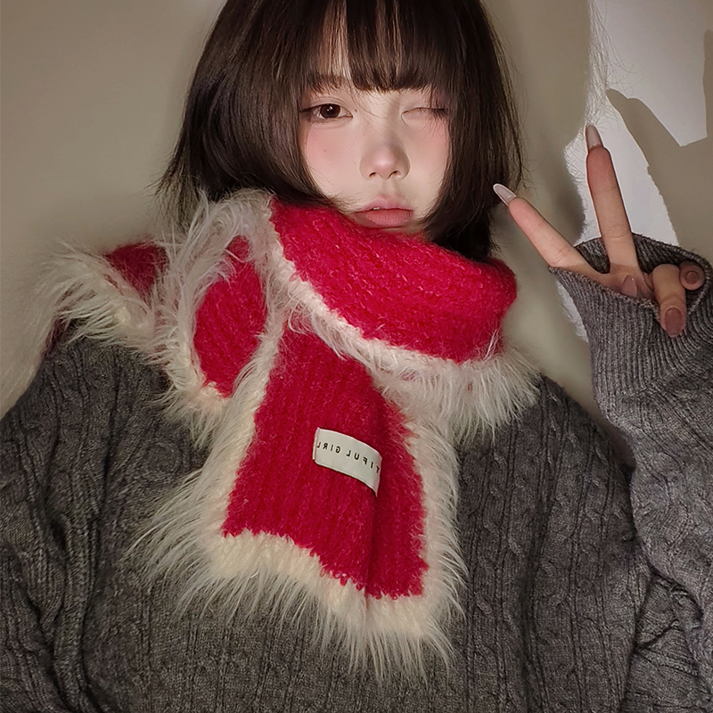 新年红高级感氛围韩版百搭围巾女秋冬季针织仿羊绒围脖2025新款