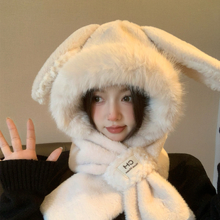 2025新款 连帽围脖保暖 可爱兔耳朵毛绒帽子围巾一体两件套女秋冬季