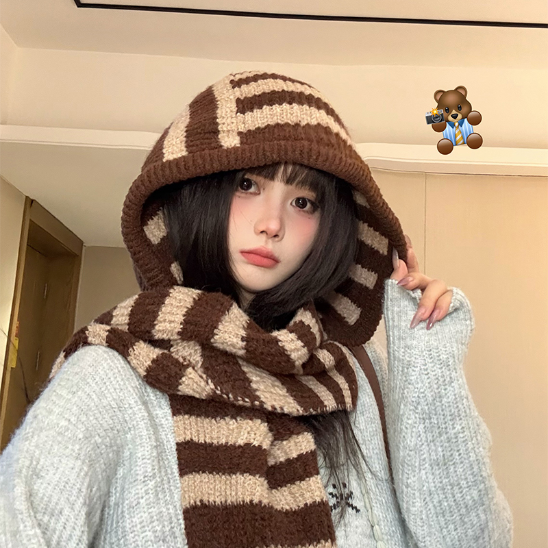 韩系针织帽子围巾一体女秋冬季百搭显脸小保暖护耳针织毛线帽