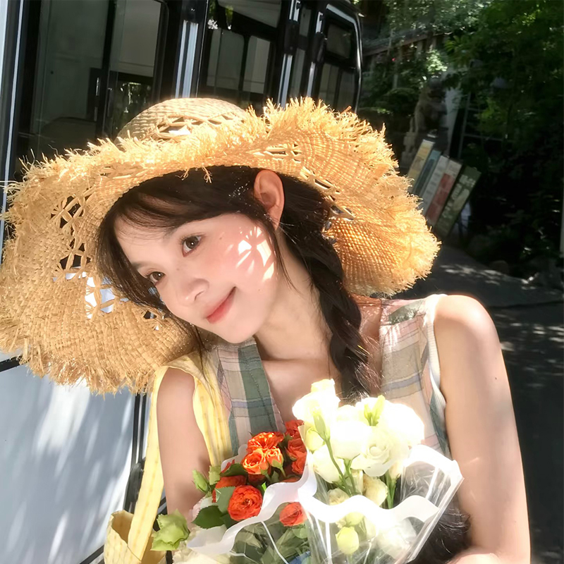 镂空拉菲草帽女夏季2025新款海边沙滩防晒拍照遮阳大帽檐太阳帽子
