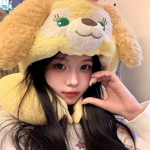 可爱饼饼U型枕连帽带帽子冬季午睡坐车飞机高铁旅行脖子护颈头枕