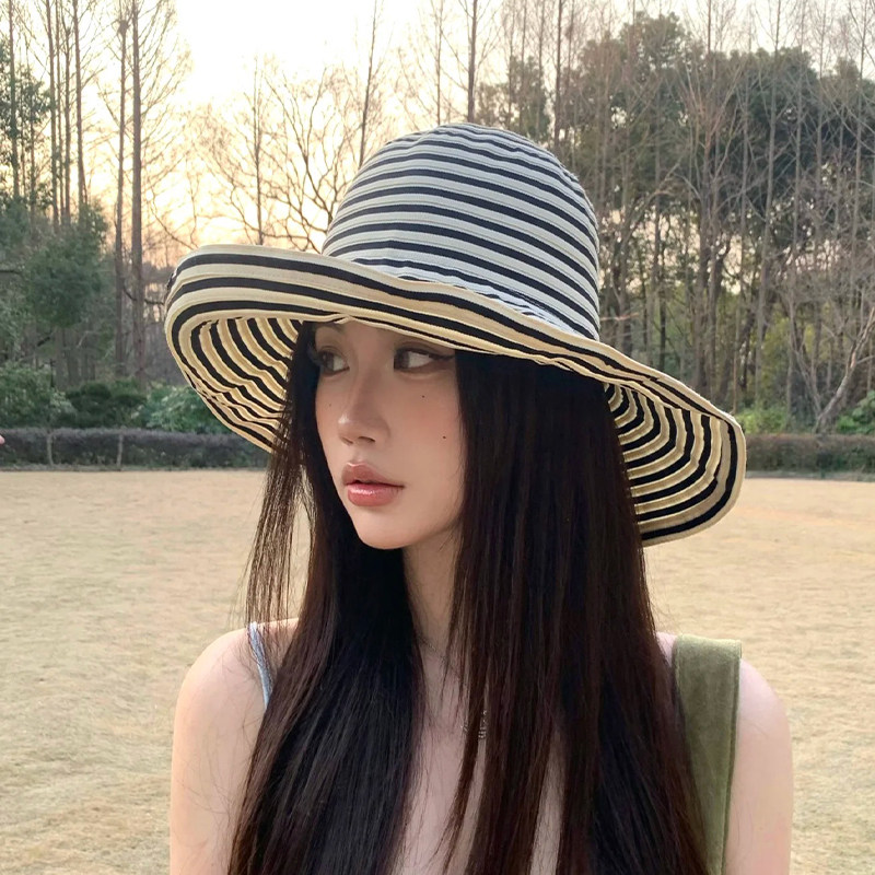 韩系复古条纹渔夫帽女夏大帽檐不对称可折叠防晒帽户外遮阳太阳帽