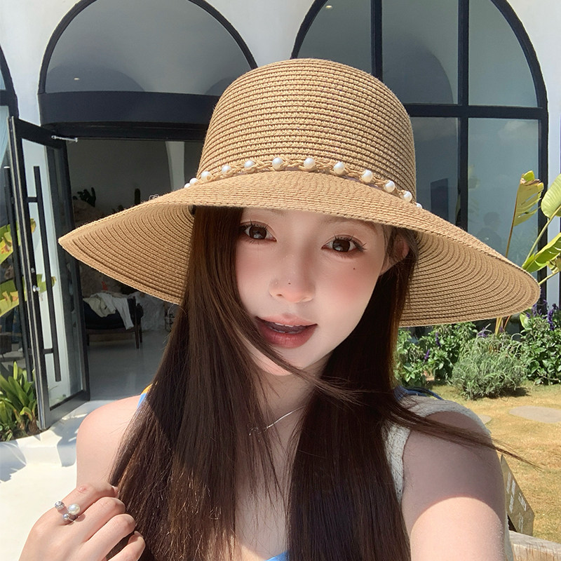 法式珍珠草帽女2026新款夏季防晒遮阳帽度假出游大檐遮阳帽沙滩帽 - 实物图