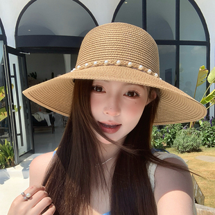 夏季 防曬遮陽帽度假出游大檐遮陽帽沙灘帽 珍珠草帽女2025新款 法式
