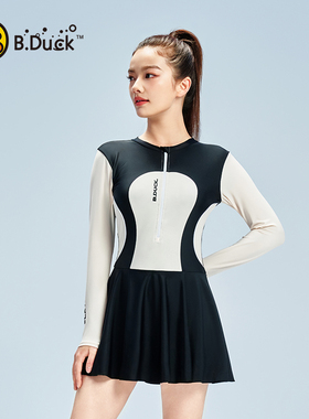 B.Duck泳衣女款聚拢修身2024年新款黑色长袖成人女士连体游泳衣