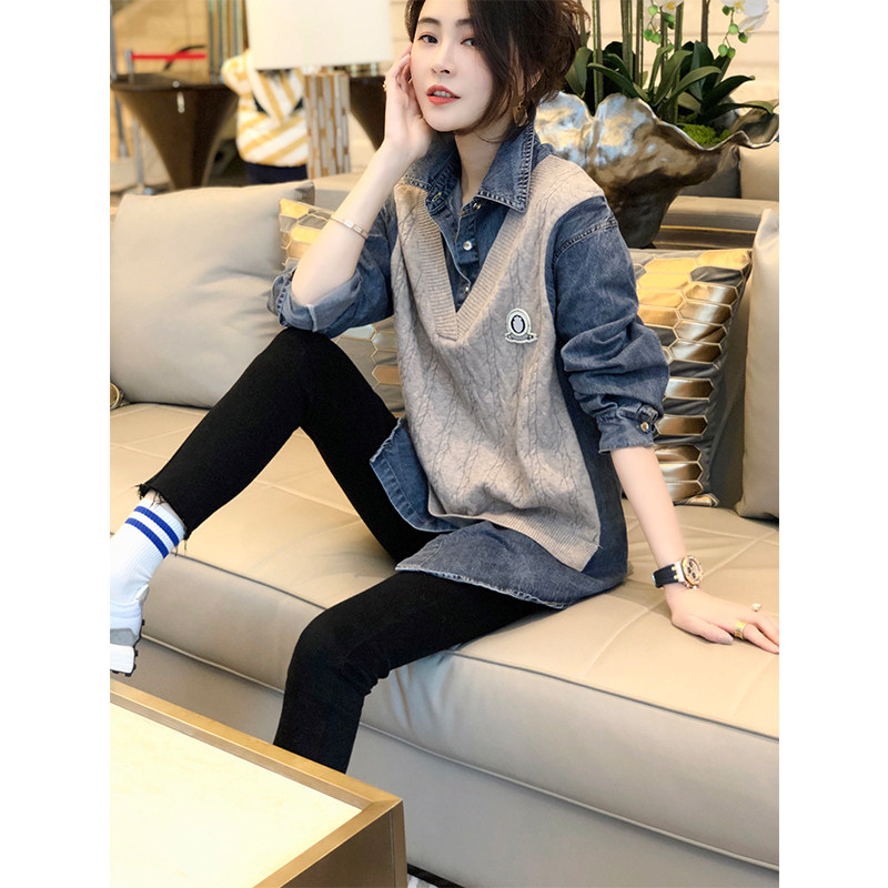 蓝色假两件牛仔衬衫女韩版休闲设计感宽松上衣春秋2024新款欧洲站