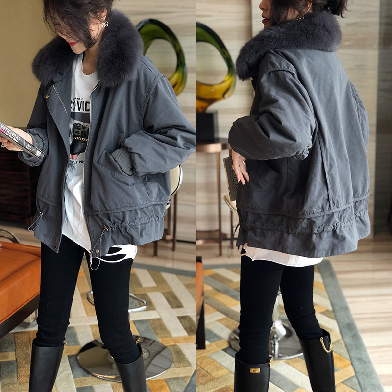 真毛领加绒休闲外套女秋冬欧洲站2024年新款矮个子工装加厚派克服