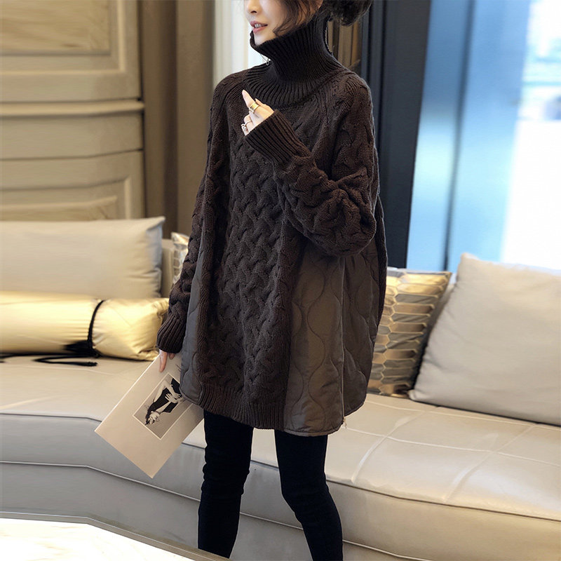拼接高领中长款毛衣女宽松加厚羊毛针织衫秋冬装2023新款欧洲站