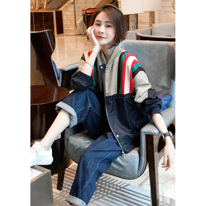 撞色条纹休闲短外套女小个子薄款拼接运动夹克春秋2022新款欧洲站