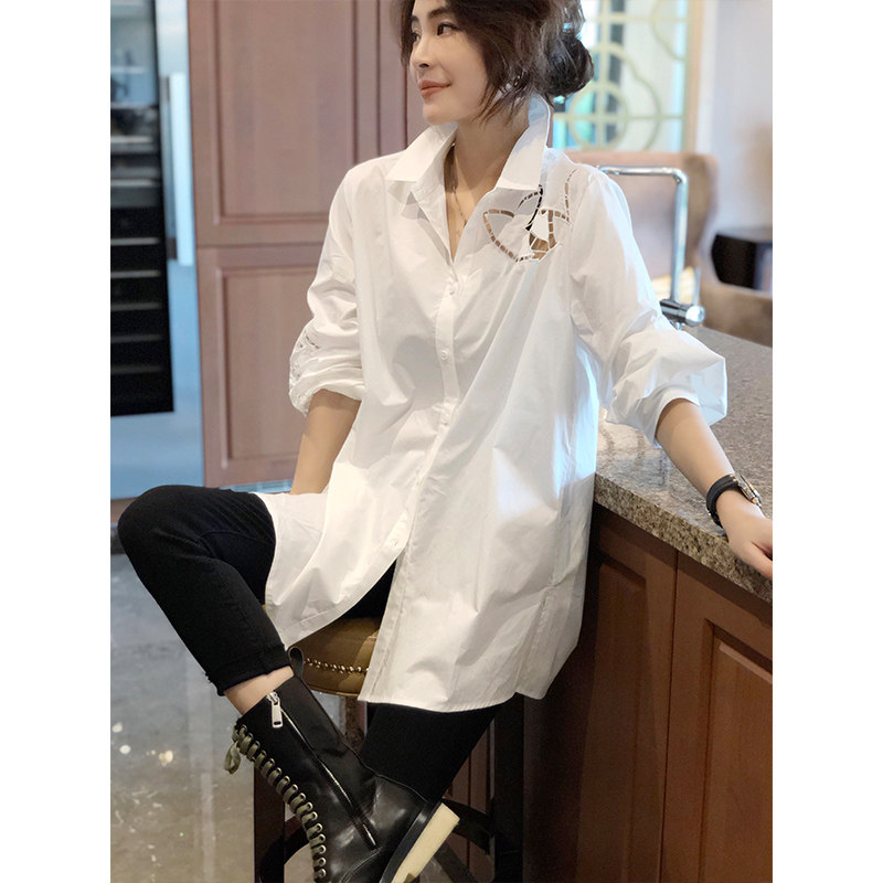 白色纯棉衬衫女中长款洋气宽松韩版长袖衬衣春装2022年新款欧洲站