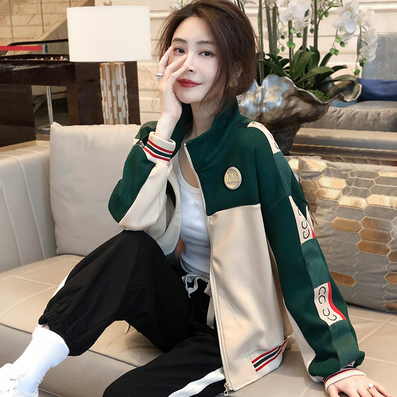 绿色拼接休闲夹克外套女短款运动棒球服上衣春秋2022年新款欧洲站