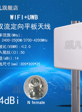 2.4G定向天线UWB定向天线WIFI+UWB双流定向天线2400-2500M3700-4200M双端口MIMO高增益14dBi防水平板天线