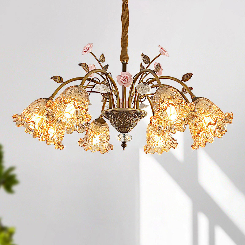 2025新款法式田园风客厅吊灯复古浪漫陶瓷花高级感餐厅卧室全铜灯