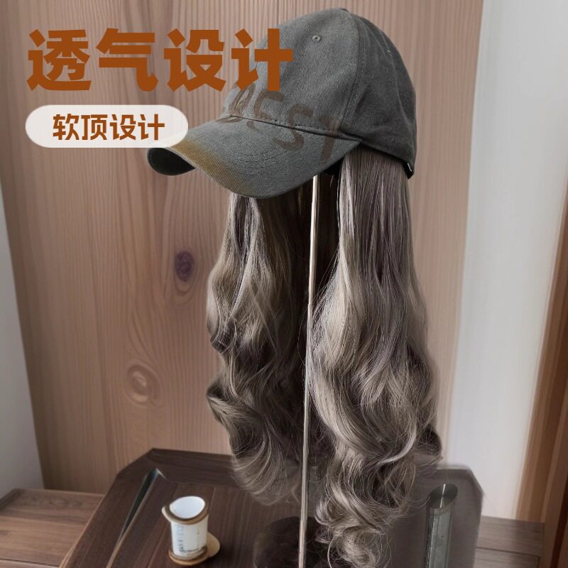 美式复古鸭舌帽子假发一体青木灰春夏季字母显时尚脸小硬顶棒球帽